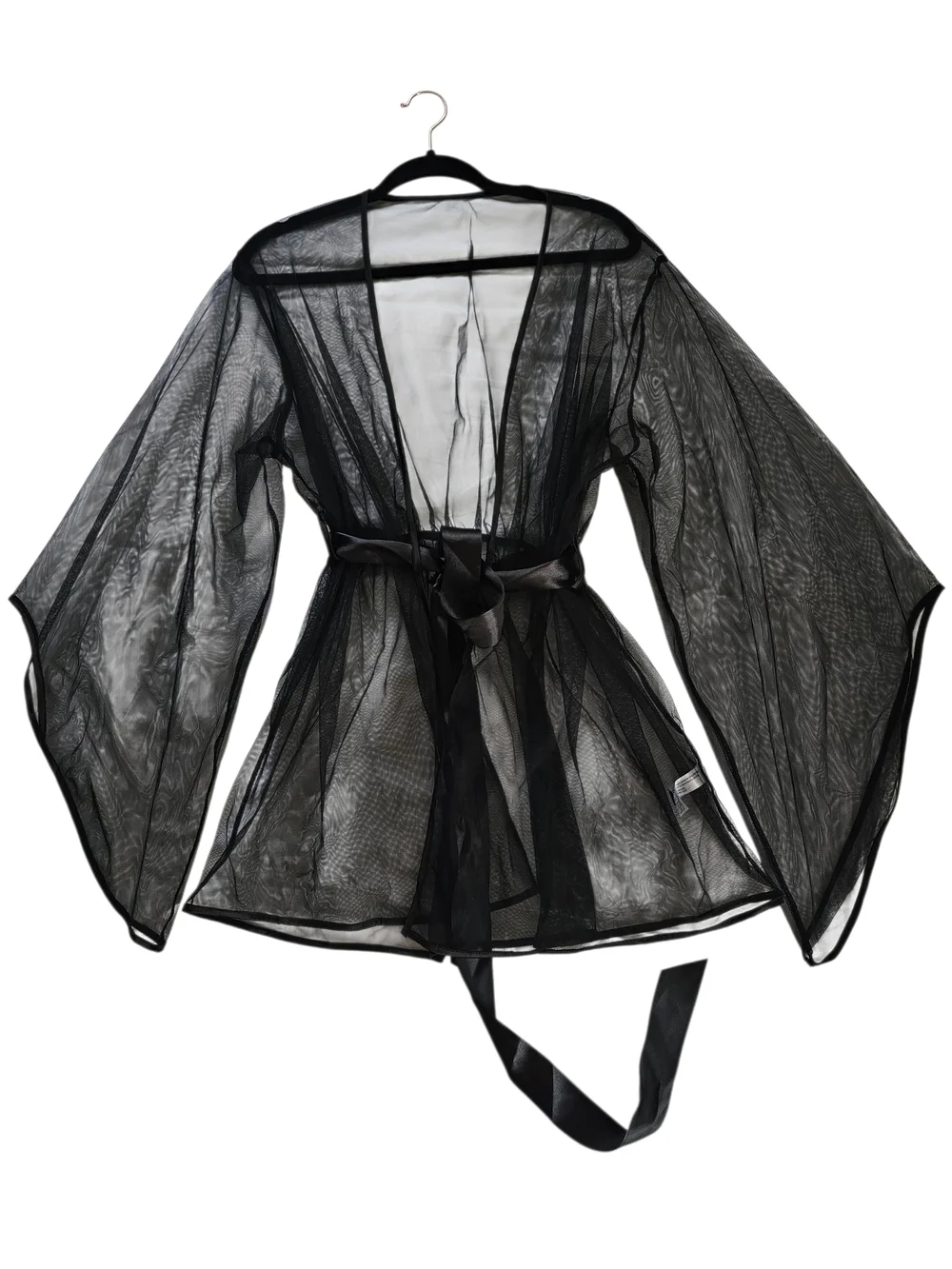 Sheer Black Mesh Kimono-Style Robe with Satin Tie